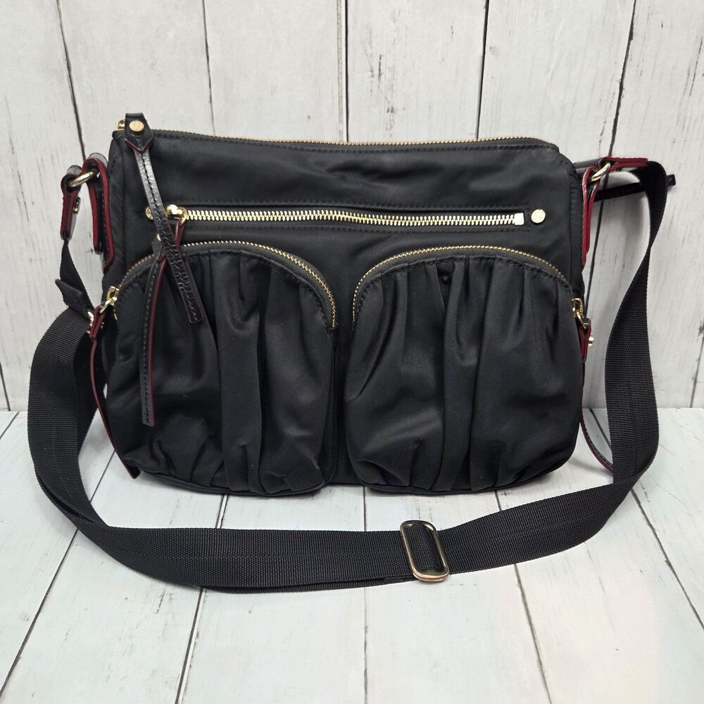 MZ Wallace Women's Paige Black Nylon Leather Trim Crossbody Shoulder Bag Purse